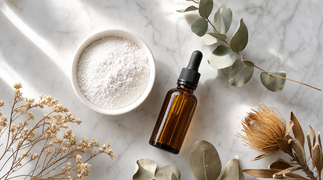 Natural mineral skincare ingredients flat lay — zinc oxide powder in ceramic bowl with botanical oil and native wildflowers on white marble