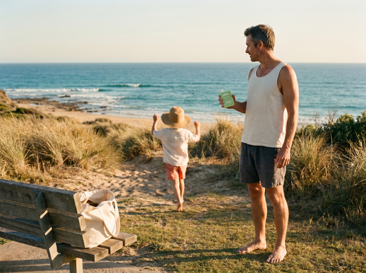 Parent holding Koa Shore Daily Defence bottle at a clifftop coastal park while a child runs toward the beach in golden afternoon light