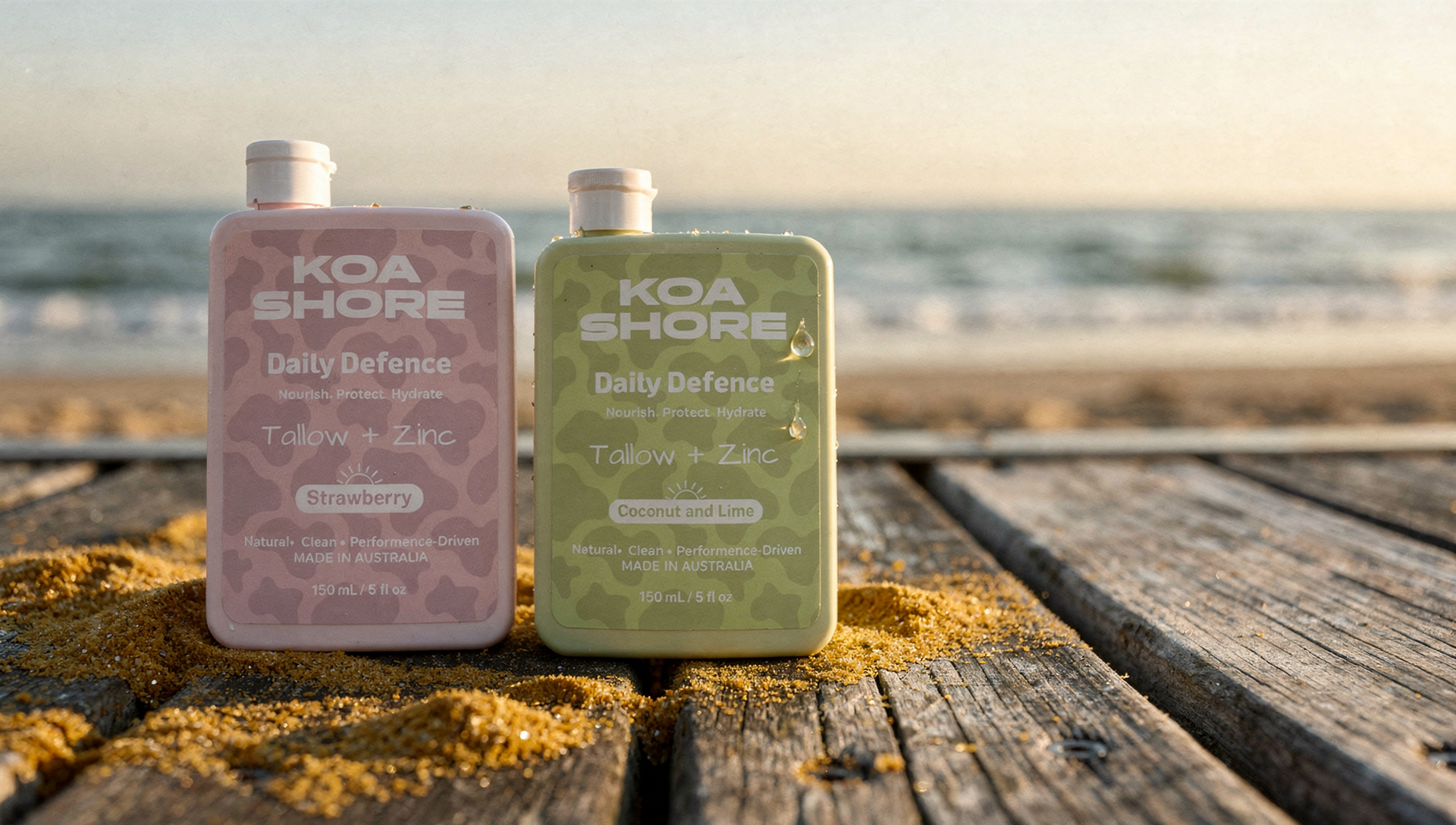 Koa Shore Daily Defence Coconut Lime and Strawberry bottles on the beach
