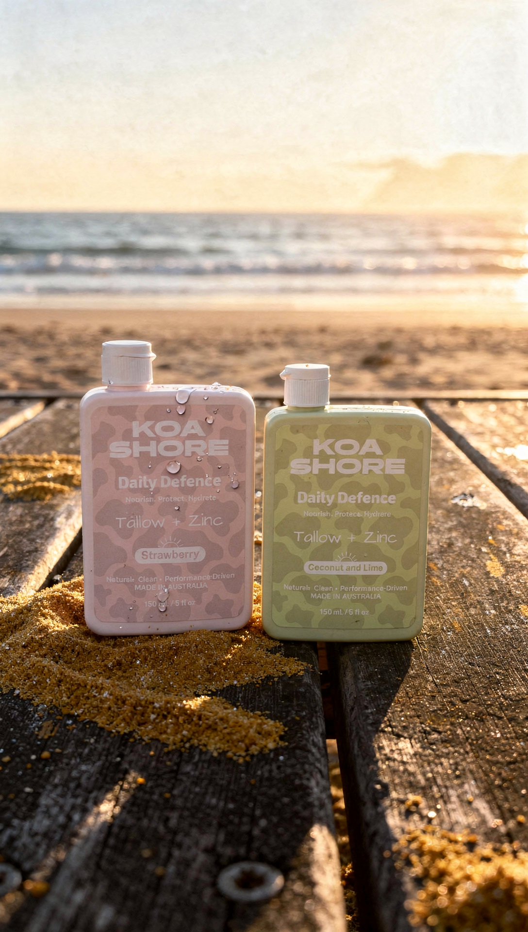 Koa Shore Daily Defence bottles on the beach