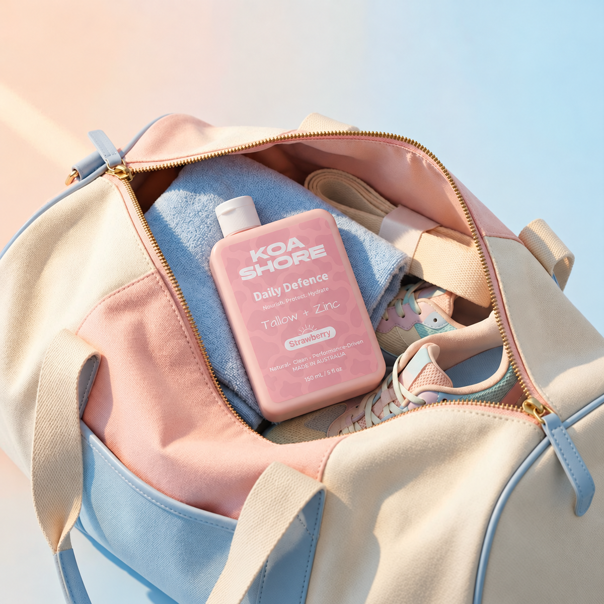 Strawberry Daily Defence tucked into a pastel gym bag with a blue towel
