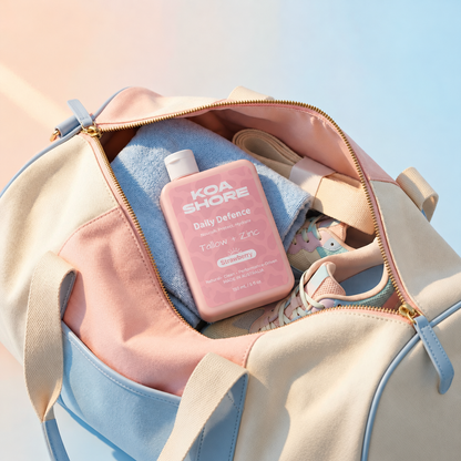 Strawberry Daily Defence tucked into a pastel gym bag with a blue towel