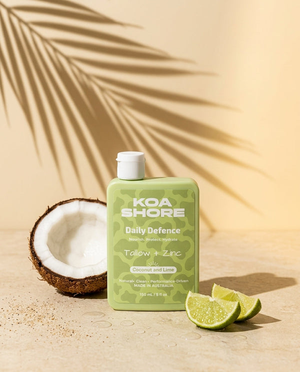 Daily Defence Coconut and Lime with coconut and lime wedges in summer sun