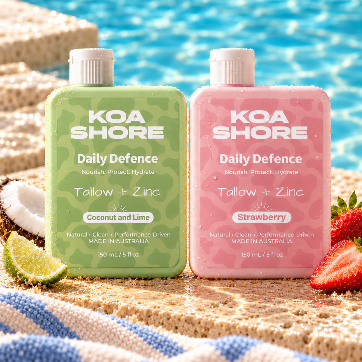 KOA SHORE Coconut and Lime and Strawberry Daily Defence two-pack beside a pool