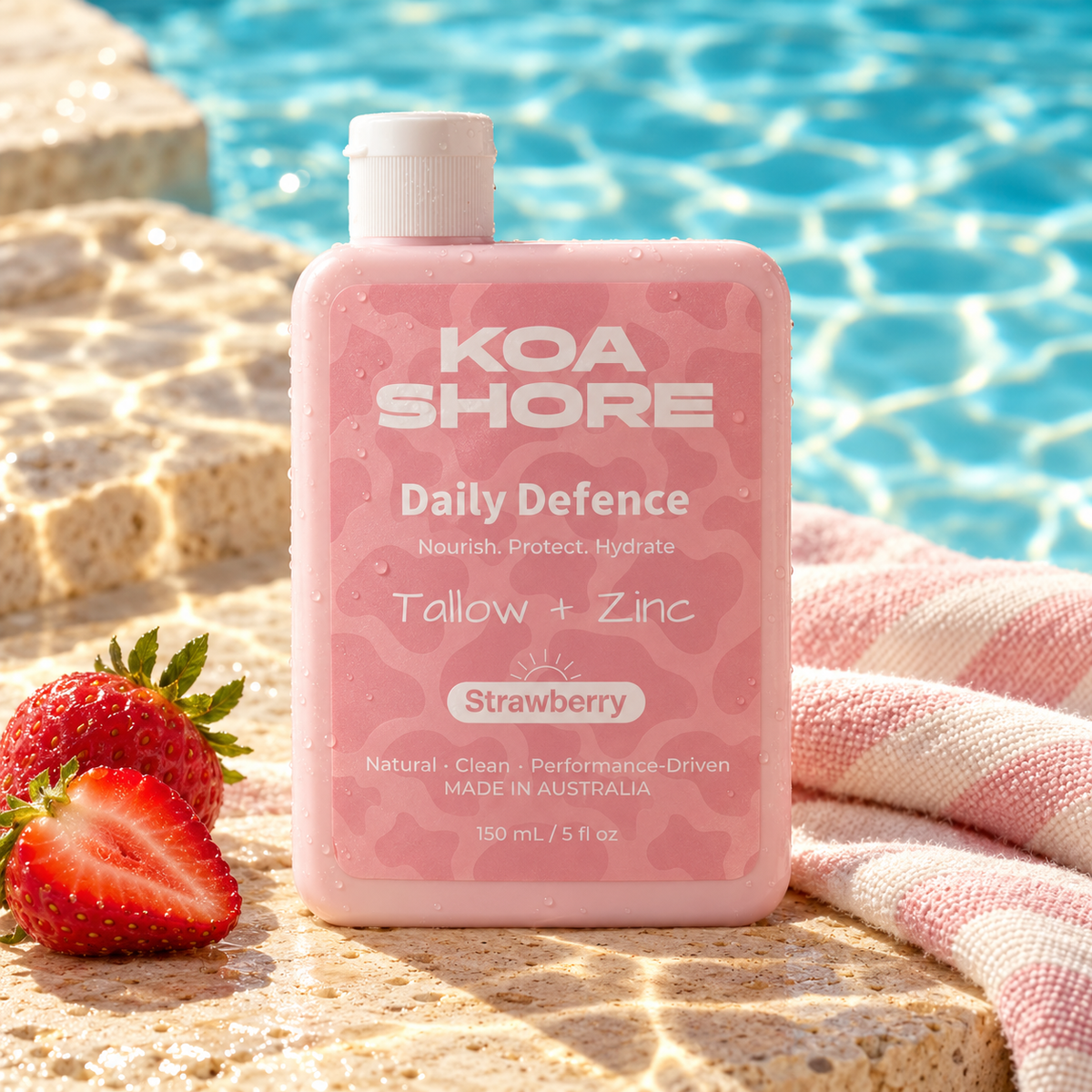 Daily Defence Strawberry beside sparkling turquoise pool water
