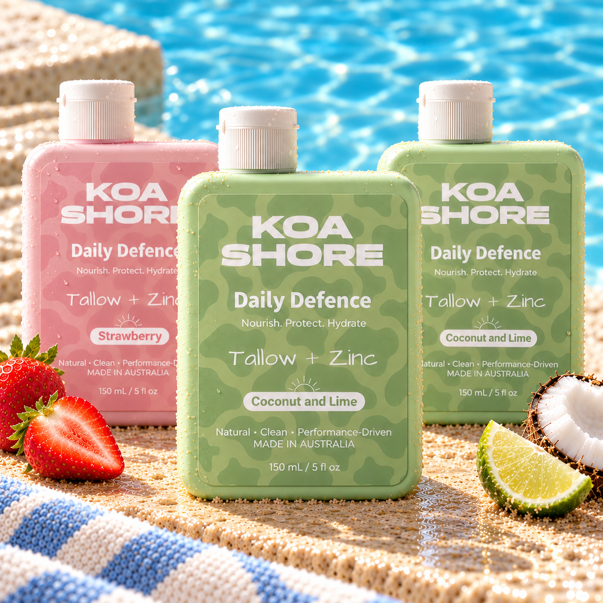 Daily Defence three-pack with two Coconut and Lime bottles and one Strawberry bottle beside a pool