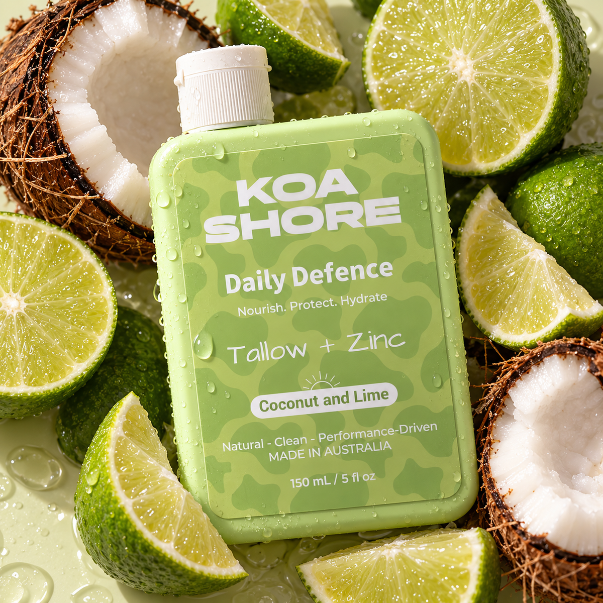 KOA SHORE Daily Defence Coconut and Lime bottle nestled among fresh limes and coconut.
