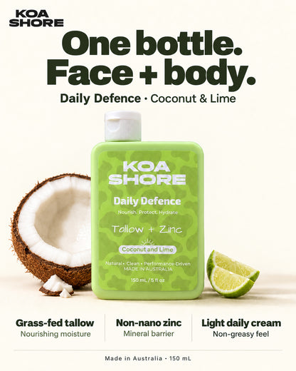 Daily Defence Coconut & Lime: one bottle for face and body, with nourishing tallow, non-nano zinc and a light non-greasy feel.