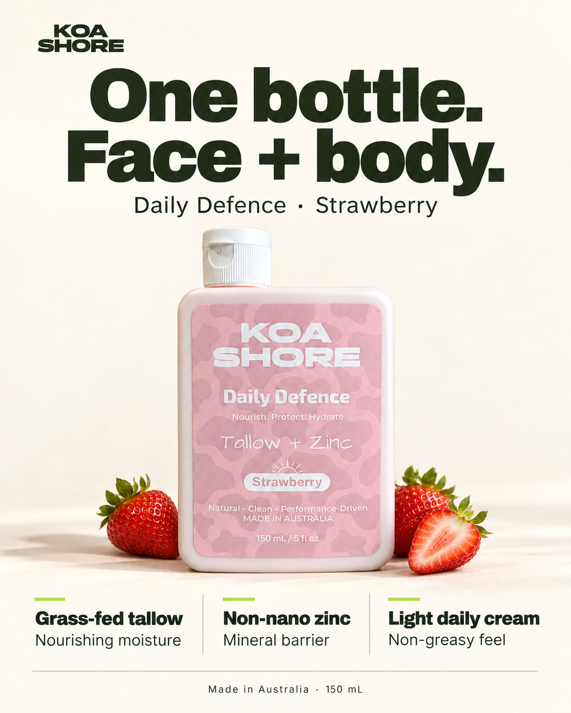 Daily Defence Strawberry: one bottle for face and body, with nourishing tallow, non-nano zinc and a light non-greasy feel.