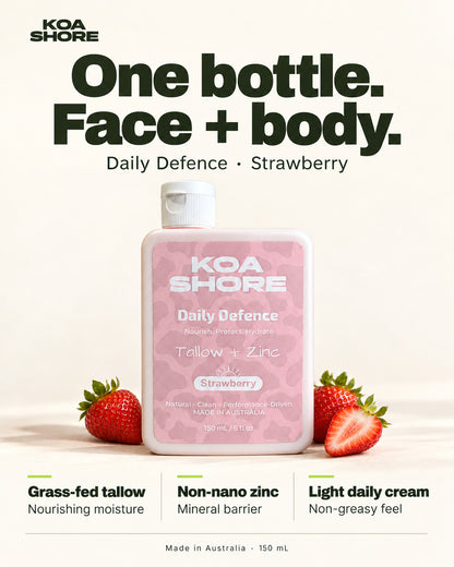Daily Defence Strawberry: one bottle for face and body, with nourishing tallow, non-nano zinc and a light non-greasy feel.