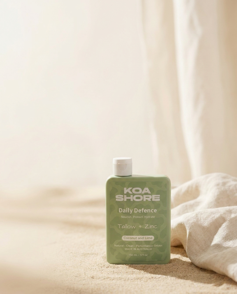 Koa Shore Daily Defence Coconut and Lime bottle on sand, portrait mobile hero with open space above