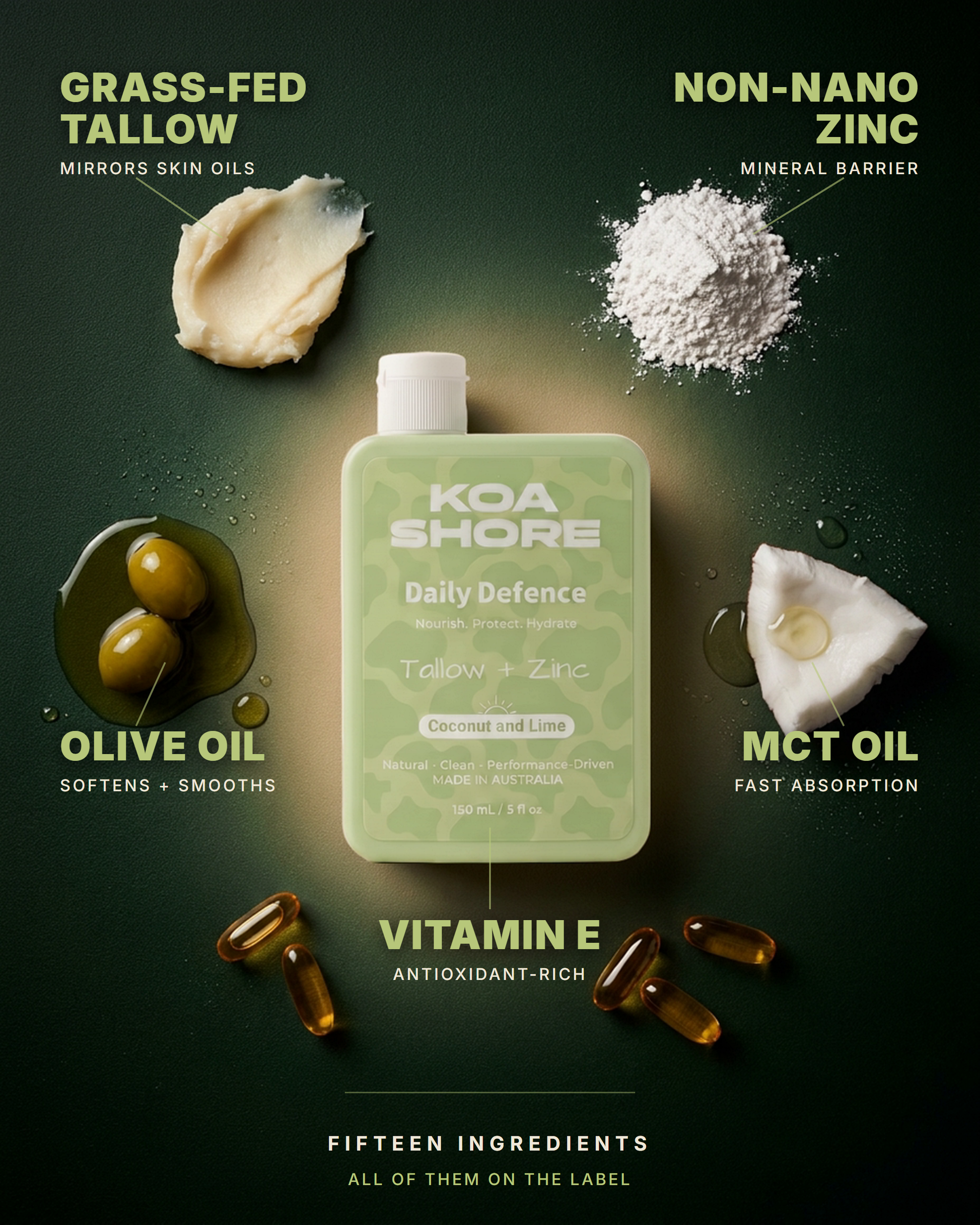 What's inside Daily Defence Coconut & Lime: grass-fed tallow, non-nano zinc, MCT oil, vitamin E and olive oil. Fifteen ingredients, all of them on the label.