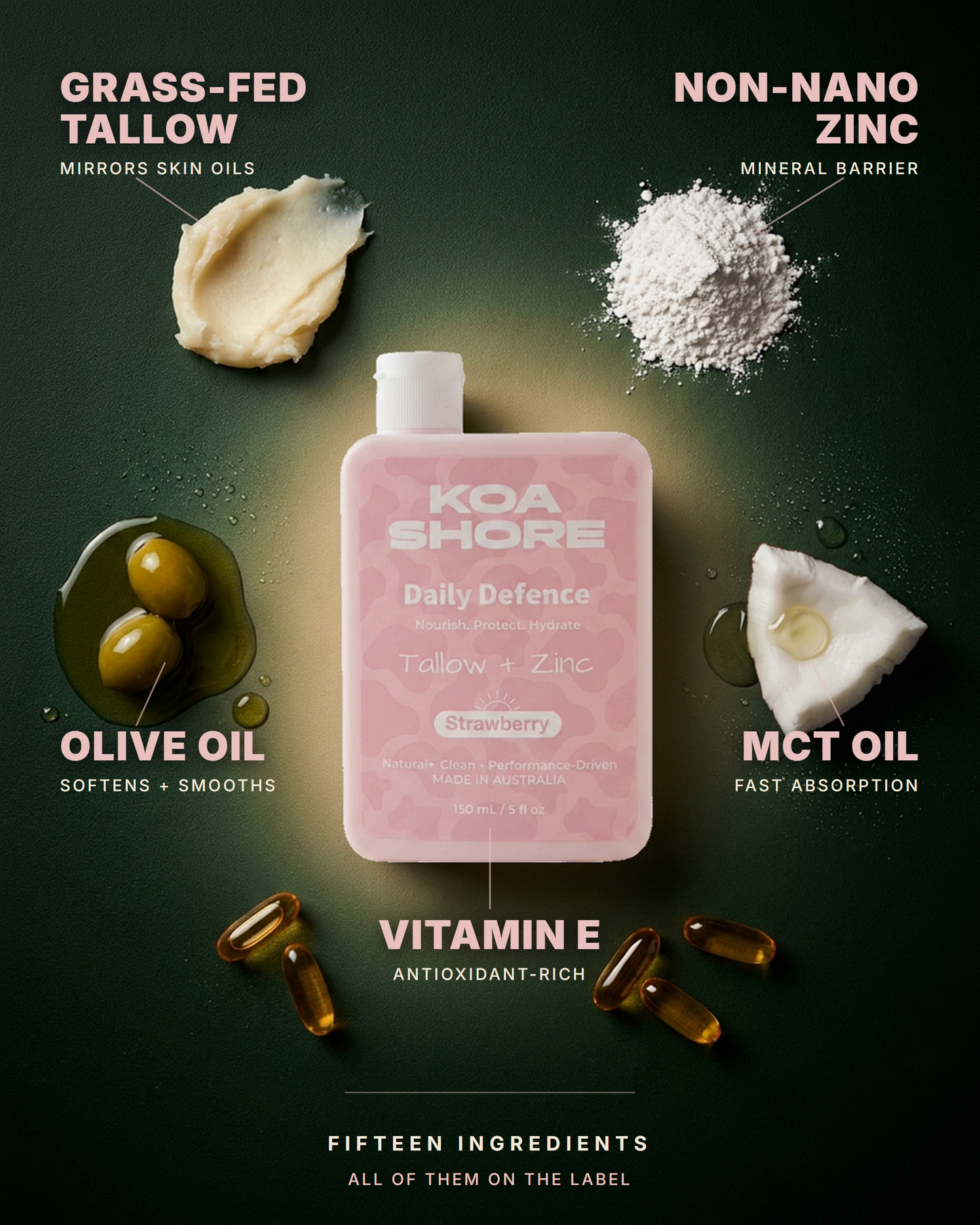What's inside Daily Defence Strawberry: grass-fed tallow, non-nano zinc, MCT oil, vitamin E and olive oil. Fifteen ingredients, all of them on the label.