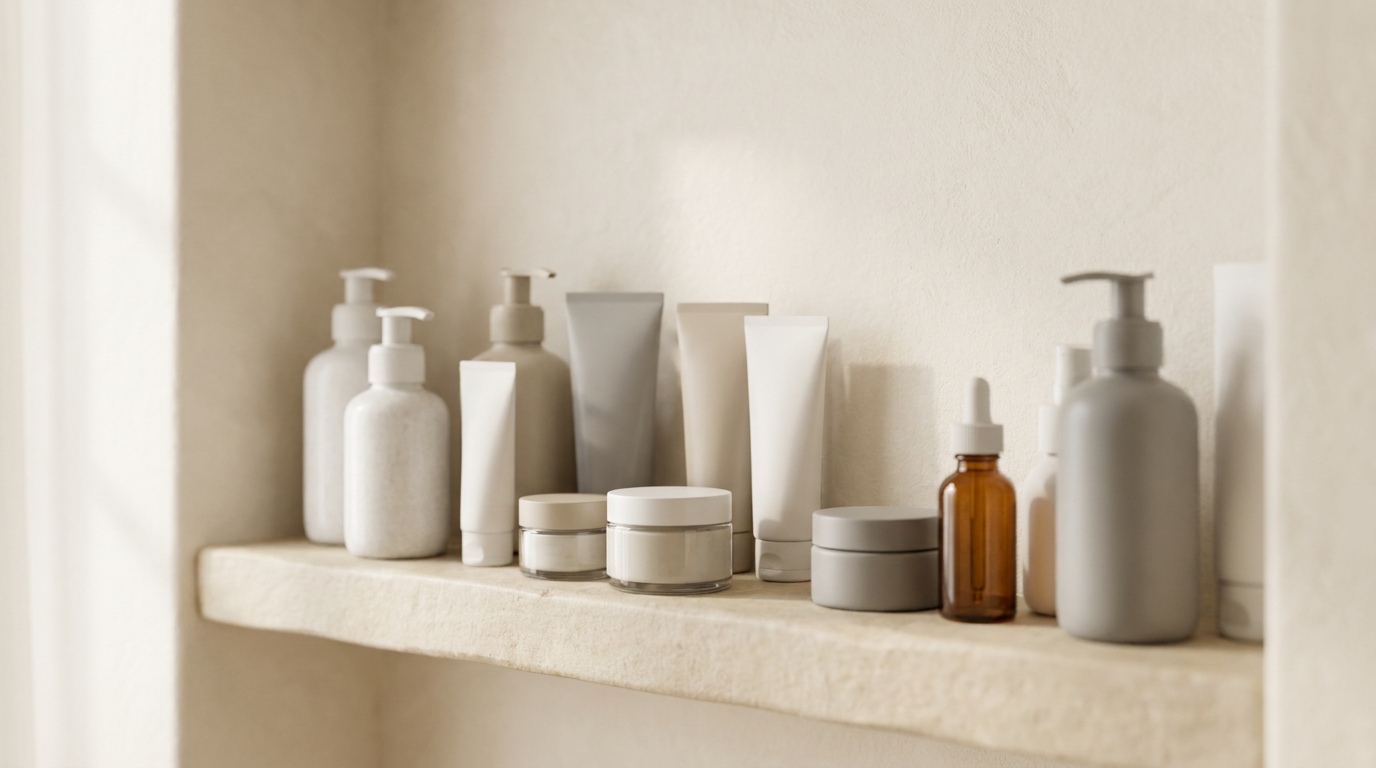 A typical shelf crowded with skincare products