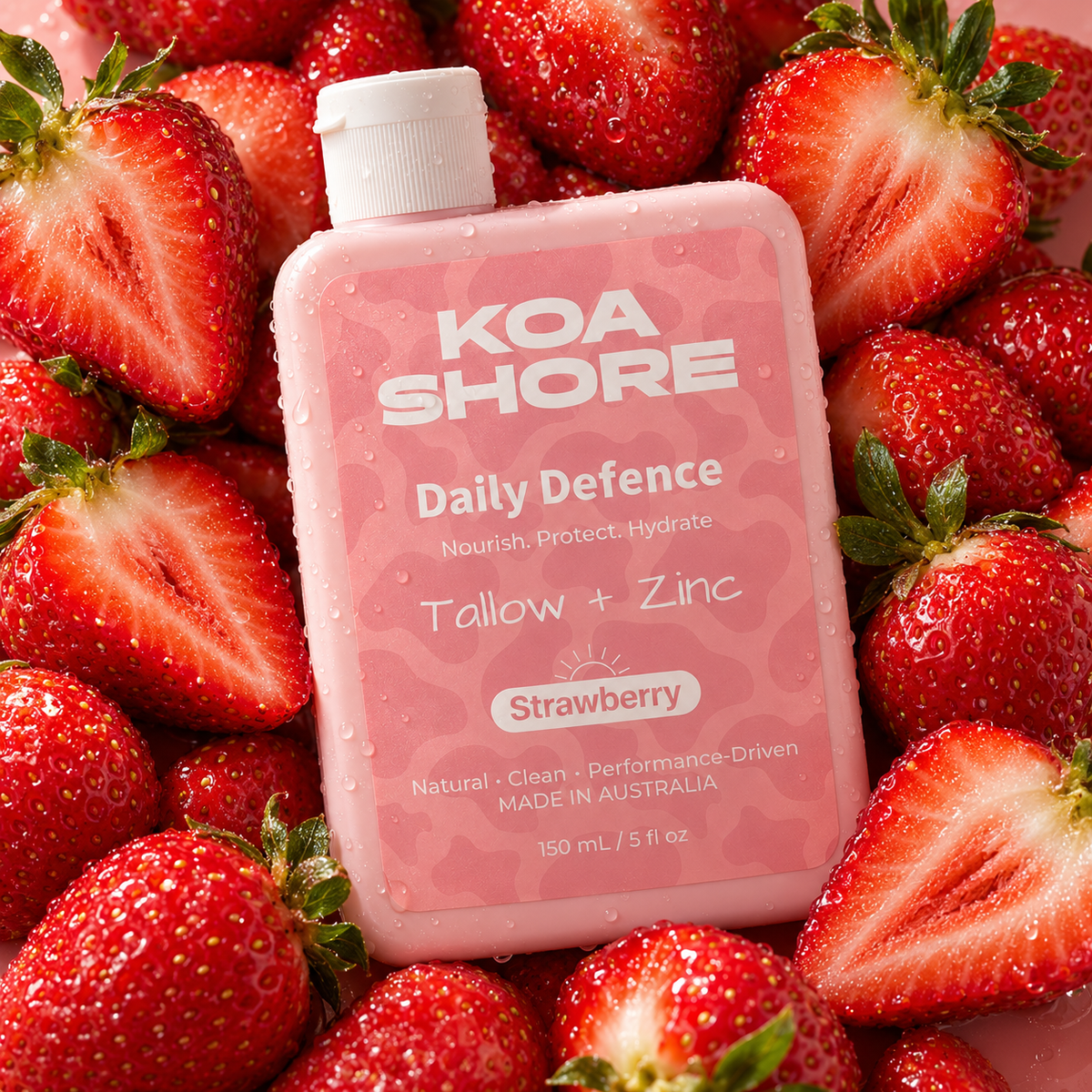 KOA SHORE Daily Defence Strawberry bottle surrounded by ripe fresh strawberries.